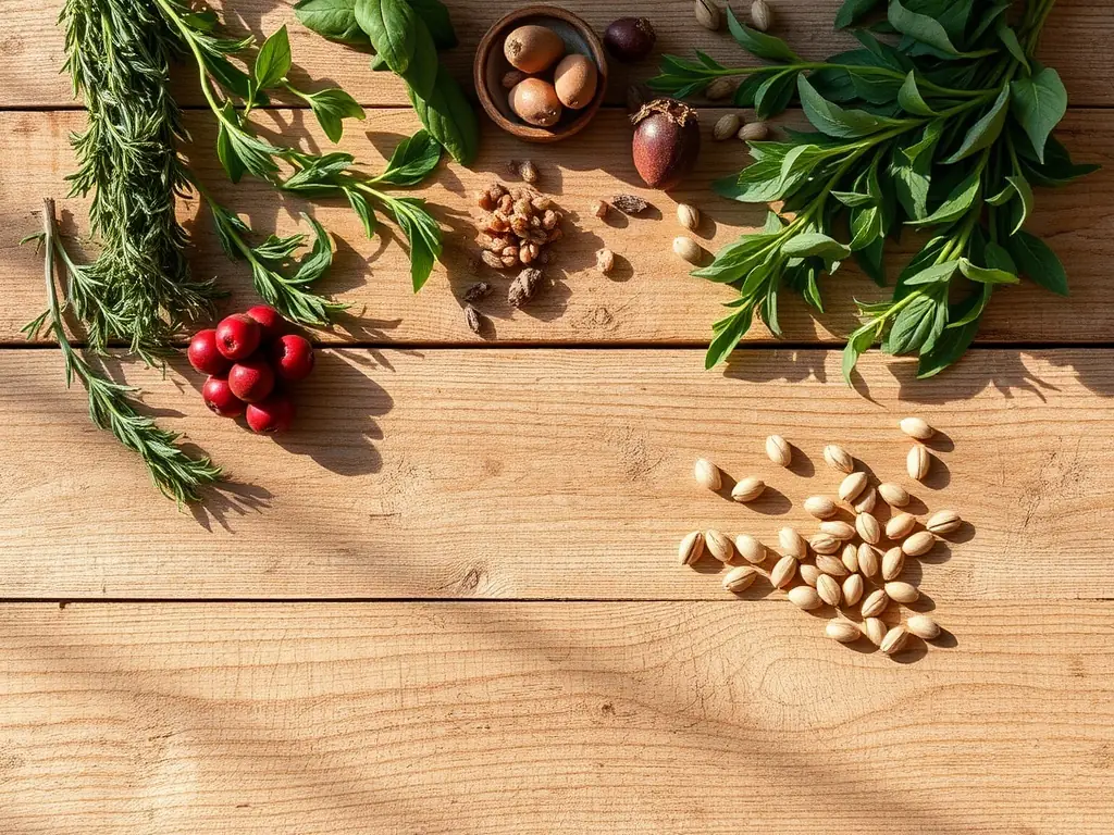 An inviting image of various herbs and natural ingredients laid out on a wooden table, symbolizing natural healing.