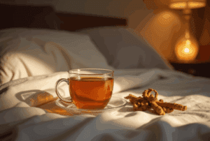 A warm cup of herbal sleep tea made with chamomile and valerian root on a cozy bed at night