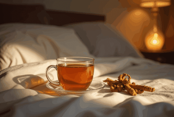 A warm cup of herbal sleep tea made with chamomile and valerian root on a cozy bed at night