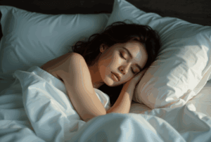 Peaceful woman sleeping comfortably in bed, representing natural nighttime rest.