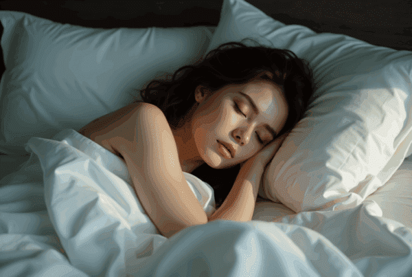 Peaceful woman sleeping comfortably in bed, representing natural nighttime rest.