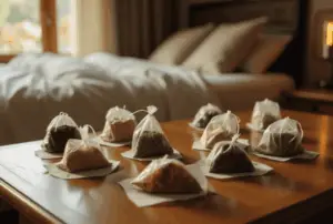 Assorted herbal tea sachets on a wooden table near a cozy bed, representing natural herbs for relaxation and sleep support.