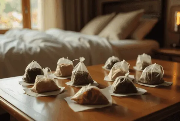 Assorted herbal tea sachets on a wooden table near a cozy bed, representing natural herbs for relaxation and sleep support.