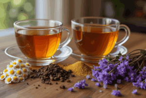 Assorted herbal tea sachets, including lavender, displayed on a wooden table near a cozy bed, evoking a relaxing nighttime routine