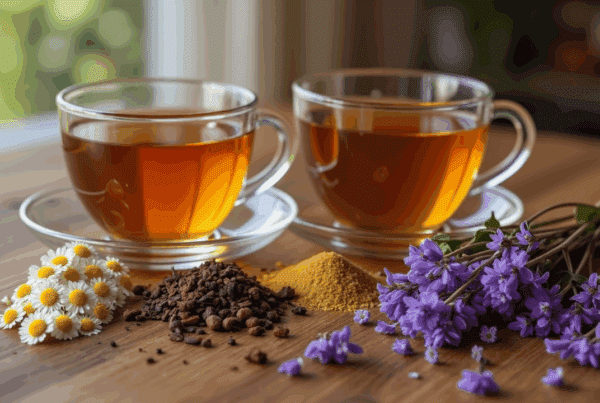 Assorted herbal tea sachets, including lavender, displayed on a wooden table near a cozy bed, evoking a relaxing nighttime routine