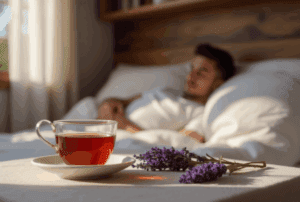 A cup of herbal tea and fresh lavender on a bedside table with a person resting in the background, suggesting a relaxing bedtime routine