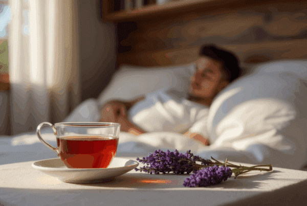 A cup of herbal tea and fresh lavender on a bedside table with a person resting in the background, suggesting a relaxing bedtime routine