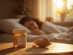 A bottle of sleep supplements with valerian root and magnesium beside a person sleeping peacefully in bed at sunset.