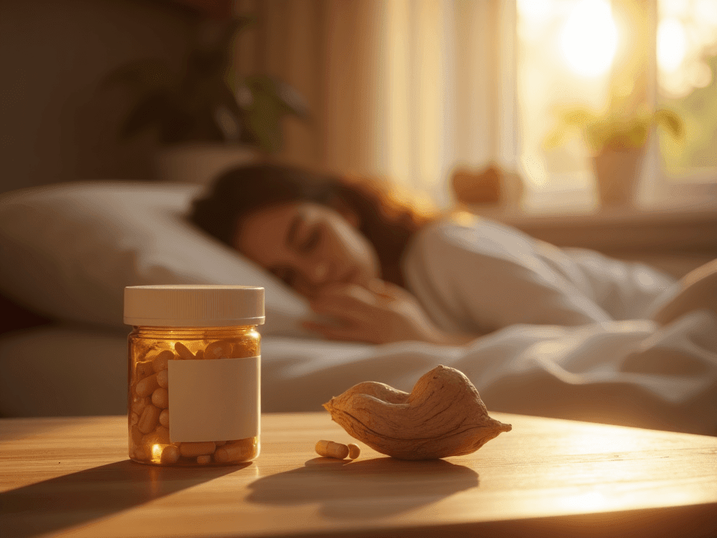 A bottle of sleep supplements with valerian root and magnesium beside a person sleeping peacefully in bed at sunset.