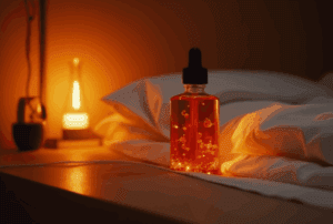 Glass bottle of valerian root liquid extract with calming candlelight, representing fast-acting herbal sleep aid