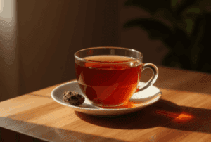 Cup of valerian root sleep tea on a wooden table in warm morning light, symbolizing natural relaxation and sleep support.