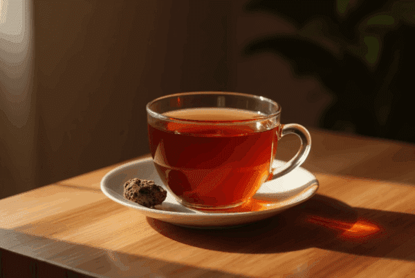 Cup of valerian root sleep tea on a wooden table in warm morning light, symbolizing natural relaxation and sleep support.