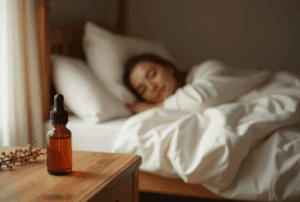 Valerian root tincture bottle on a bedside table next to a woman peacefully sleeping, symbolizing natural nighttime relaxation.